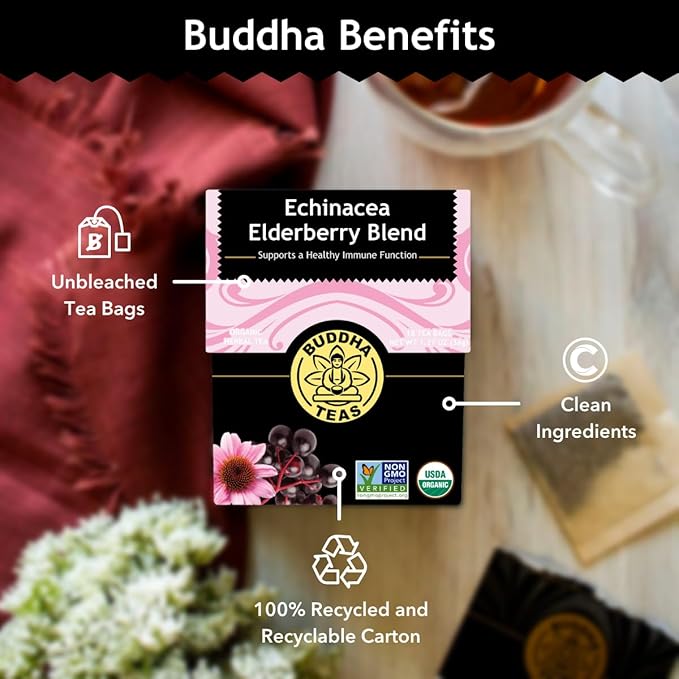 Buddha Teas - Organic Echinacea Elderberry Blend - Herbal Tea - For Health & Wellbeing - With