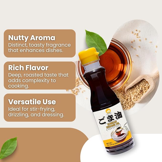 Korean Pure Sesame oil 10.14 fl oz, 100% Roasted Sesame Seed Oil with Rich Nutty Flavor, Made in