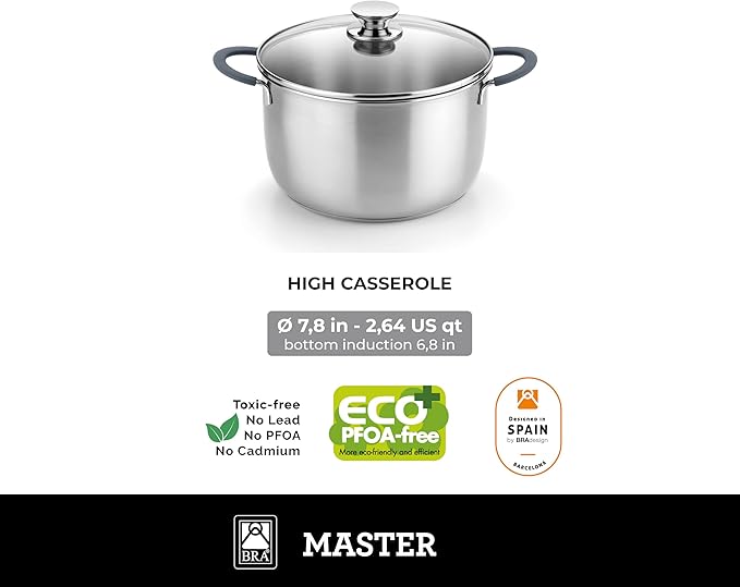 BRA COOKWARE Master Casserole w/Glass Lid | 8 inches - 2.4 quarts Professional Pot | Stainless
