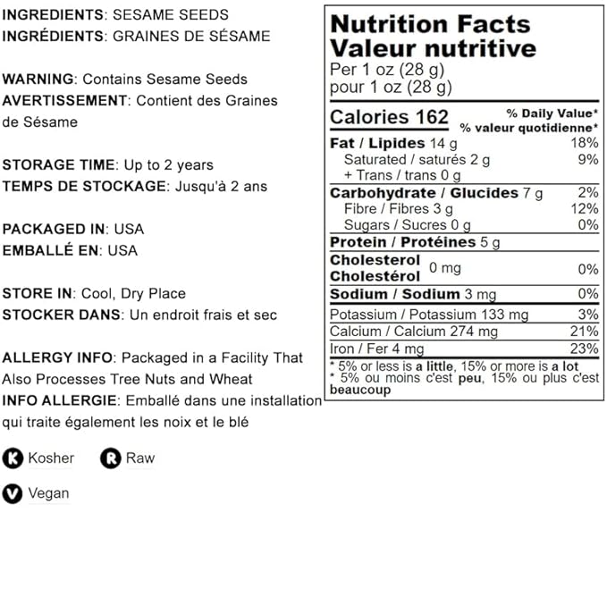 Hulled Sesame Seeds, 1 Pound — Non-GMO Verified, Whole Raw White Sesame Seeds, Kosher and Vegan