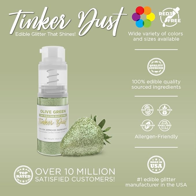 Bakell - Olive Green Tinker Dust (4g, 1x Mini Spray Pump) Edible Glitter for Food, Desserts, and