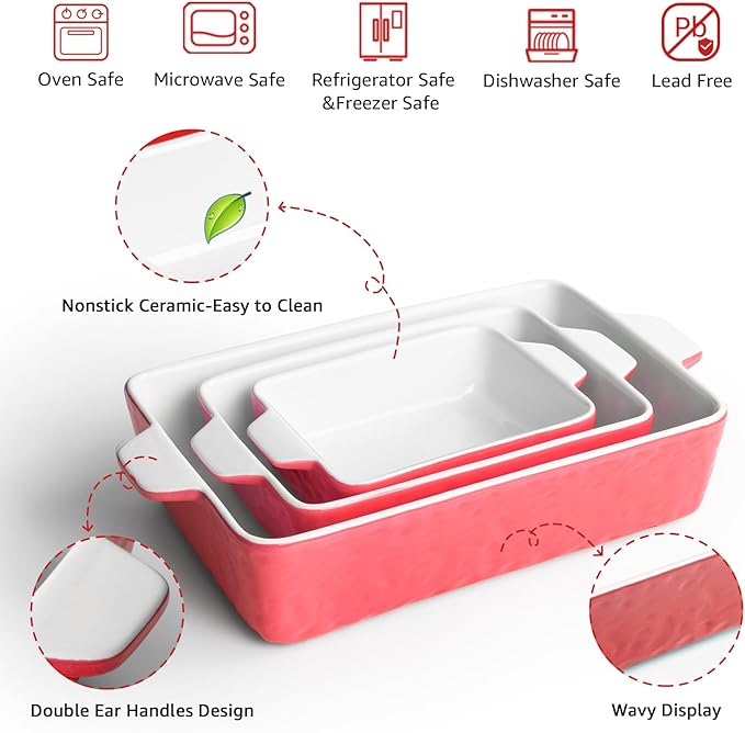 Casserole Dishes for Oven, Ceramic Baking Dishes, Lasagna Pan with Handles, Porcelain Baking Pan