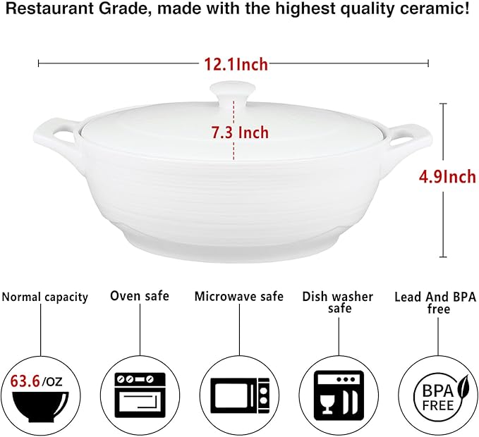 9" x 6.5" Oval Casserole Dish with Lids,1.9 Quart French White Ceramic Serving Soup Tureens, Baking