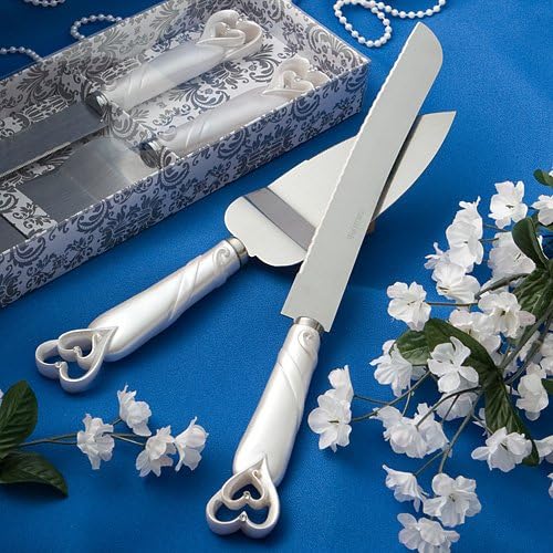 GIFTS INFINITY® Personalized Wedding White Interlock Heart Cake Knife and Server Set Free Engraving