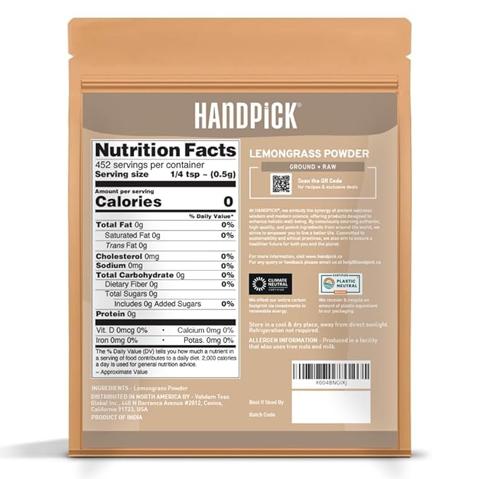 HANDPICK Lemongrass Powder (226g/8oz) Non GMO, Gluten Free, 100% Raw, Sourced from India, For