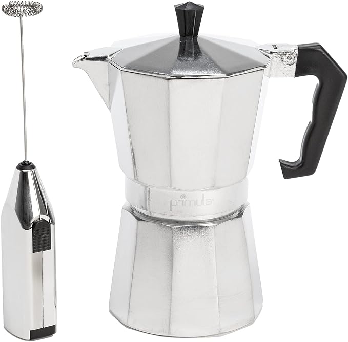 Primula Stovetop Espresso Maker and Handheld Electric Milk Frother Gift Set, Moka Pot for Classic