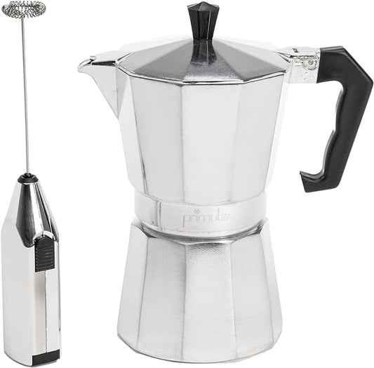 Primula Stovetop Espresso Maker and Handheld Electric Milk Frother Gift Set, Moka Pot for Classic
