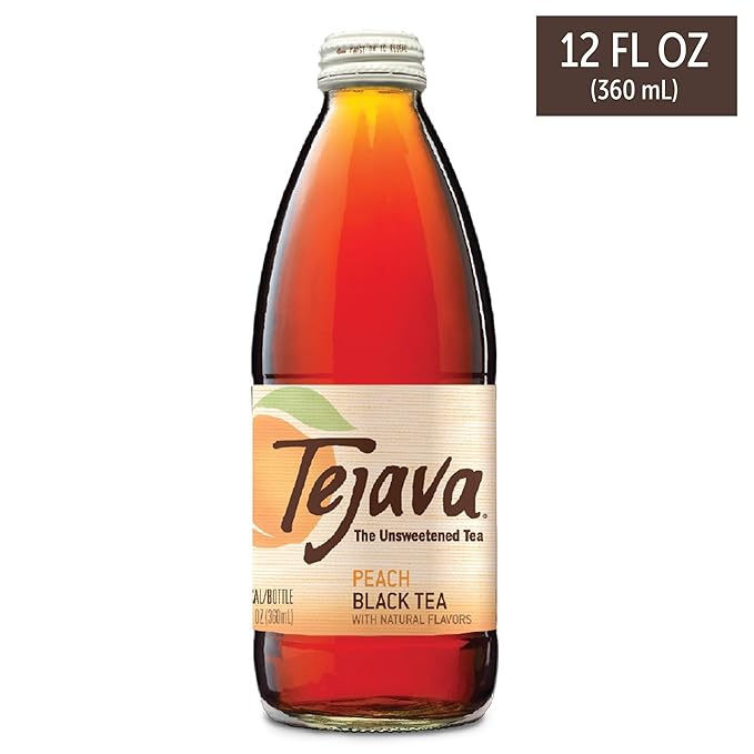 Tejava Peach Black Iced Tea, 24 Pack, 12oz Glass Bottles, Unsweetened, Non-GMO, Kosher, No Sugar or