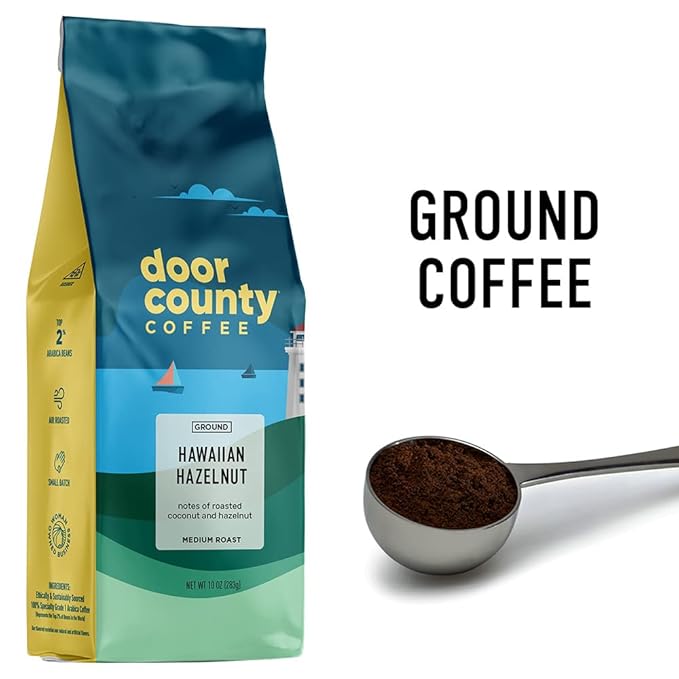 Door County Coffee Hawaiian Hazelnut Flavored -10oz Bag - Ground Medium Roast - 100% Arabica