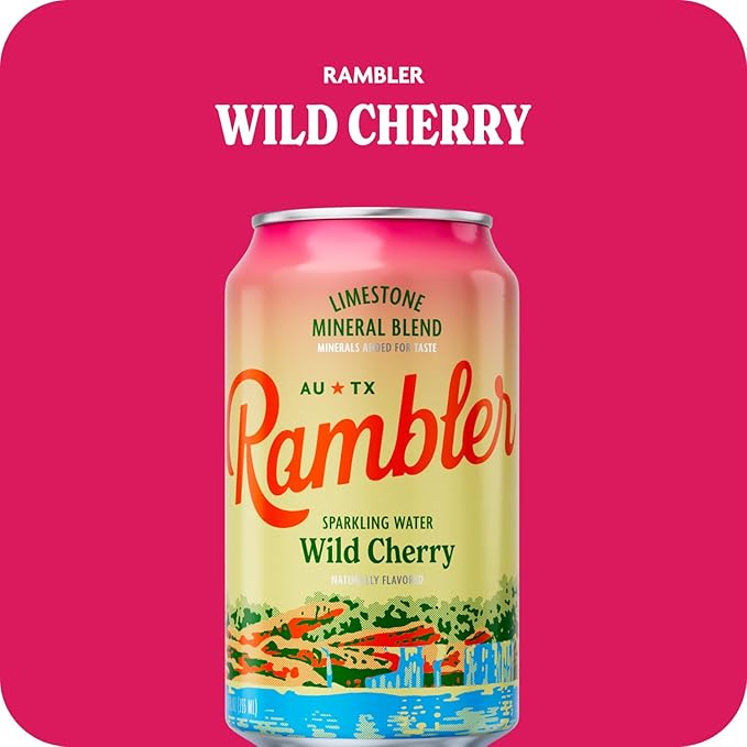 AUTX RAMBLER Sparkling Water, Texas Limestone Mineral Blend, Wild Cherry Flavor, 12-Ounce Cans