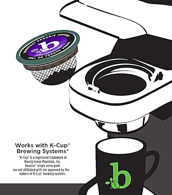 beaniac Organic Full On French Roast, Dark Roast, Single Serve Compostable K Cup Coffee Pods