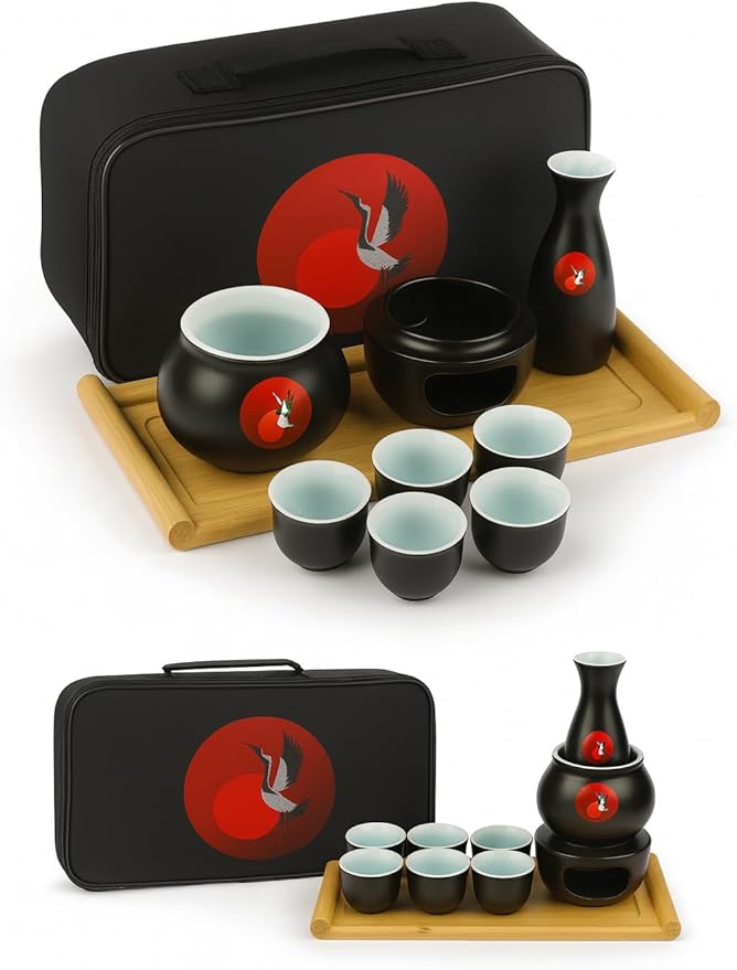 Japanese Sake Cup Set with 6 Ceramic Cups, 1 Ceramic Sake Bottle, 1 Ceramic Sake Warmer, Bamboo