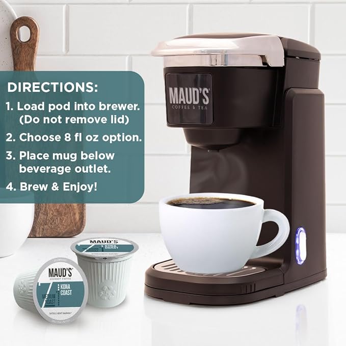 Maud's Kona Coffee Pods, 18 ct, Medium Roast Coffee in Recyclable Single Serve Pods – 100% Arabica