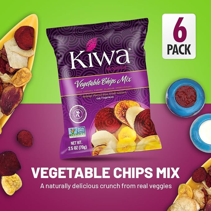 Kiwa Real Veggie Chips Healthy 2.5 Oz (Pack of 6) - Veggie Snacks with Plantain, Beet, Parsnip