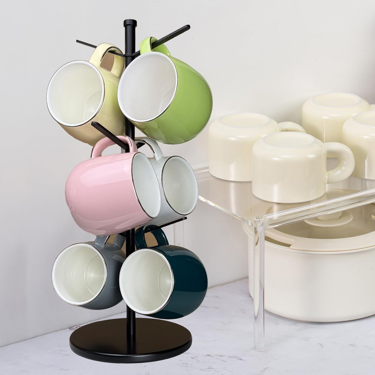 ZOMETUO Premium Mug Tree, 6 Hooks Upgraded Stable Metal Mug Holder, Bamboo Base Coffee Mug Cup Rack