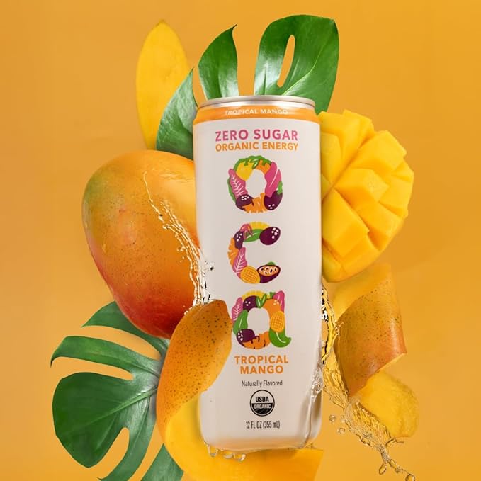 OCA ZERO Tropical Mango, Organic energy drink, zero sugar, gluten-free, vegan plant-based, 12 Fl Oz