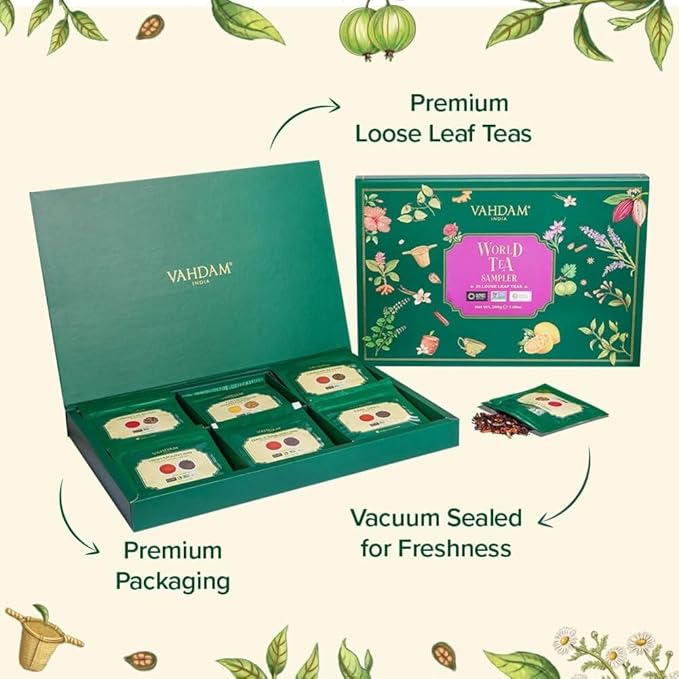 VAHDAM, World Top 20 Tea Sampler - Black, Green, Chai, Herbal & More | Assorted Loose Leaf Gift Set