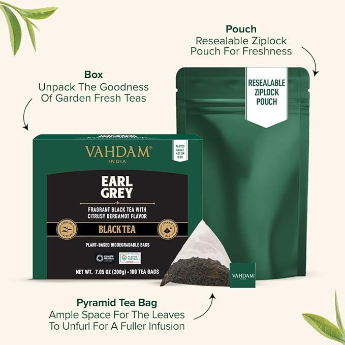 VAHDAM, Earl Grey Black Tea Bags (100 Count) Medium Caffeine, Non GMO, Gluten Free | Citrus