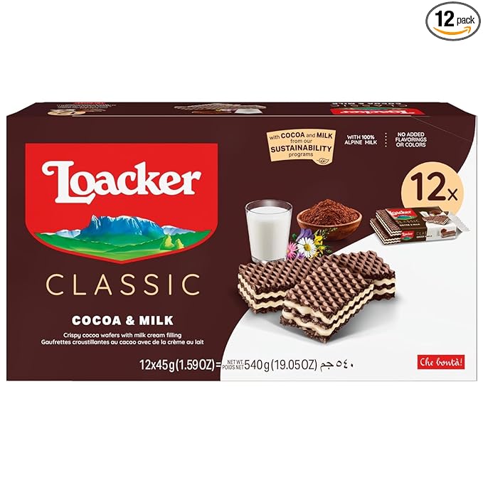 Loacker Classic Cocoa & Milk Wafers - Premium Crispy Cocoa Wafer Cookies with Milk Cream Filling