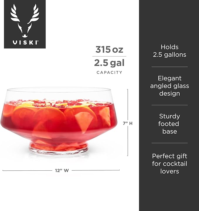 Viski Footed Glass Punch Bowl, Heavy Base Large Punch Bowl with Angled Design, Party Serveware for