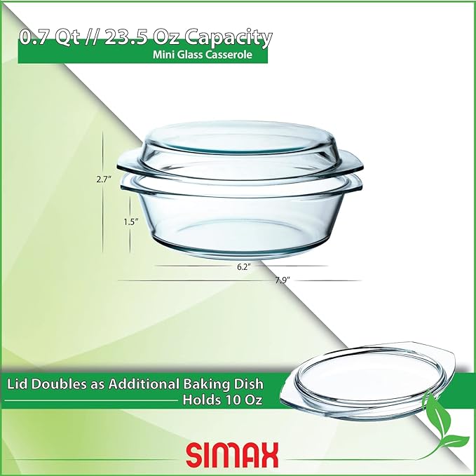 Simax Casserole Dish With Lid, 24 Ounce Round Glass Cookware, Oven and Microwave Safe Borosilicate