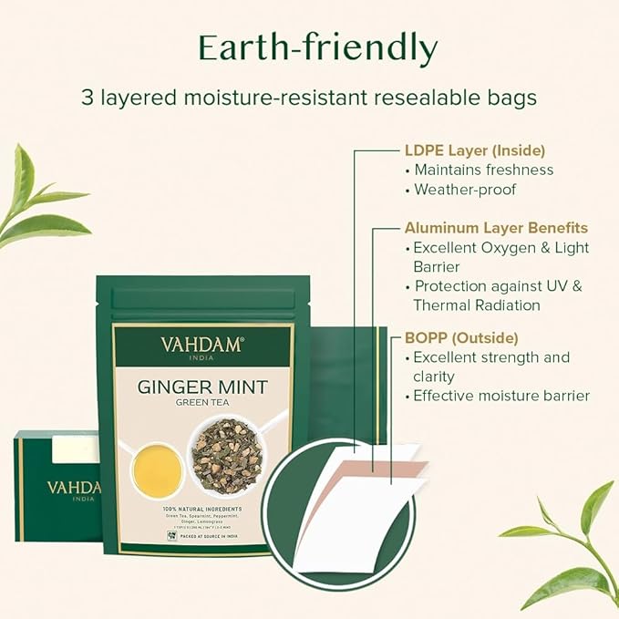 VAHDAM, Ginger Mint Green Tea Loose Leaf (50+ Cups, 3.5oz) Blend Of Ginger Tea & Mint Tea | Pure
