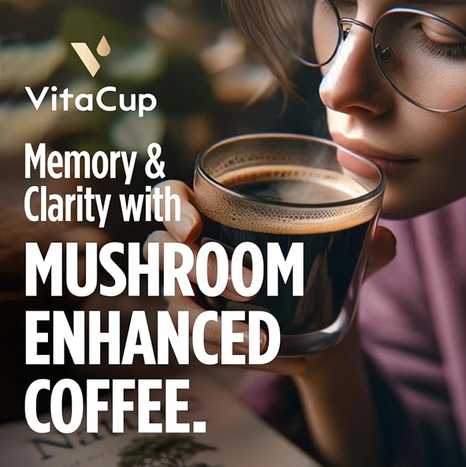 VitaCup Focus Mushroom Coffee Instant Packets, for Memory & Clarity Support, w/Fiber, Chaga, Lion’s