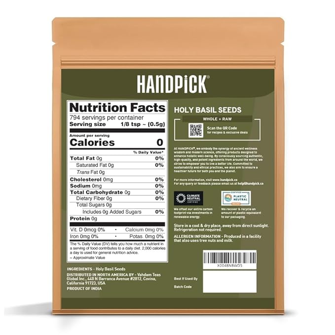 HANDPICK Holy Basil Seeds (397g/14oz) Gluten free, Raw Sabja, Tukmaria Seeds from India, Packed in