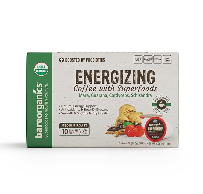Bare Organics 14198 ENERGIZING USDA Organic Coffee Infused with Superfoods & Probiotics, Compatible