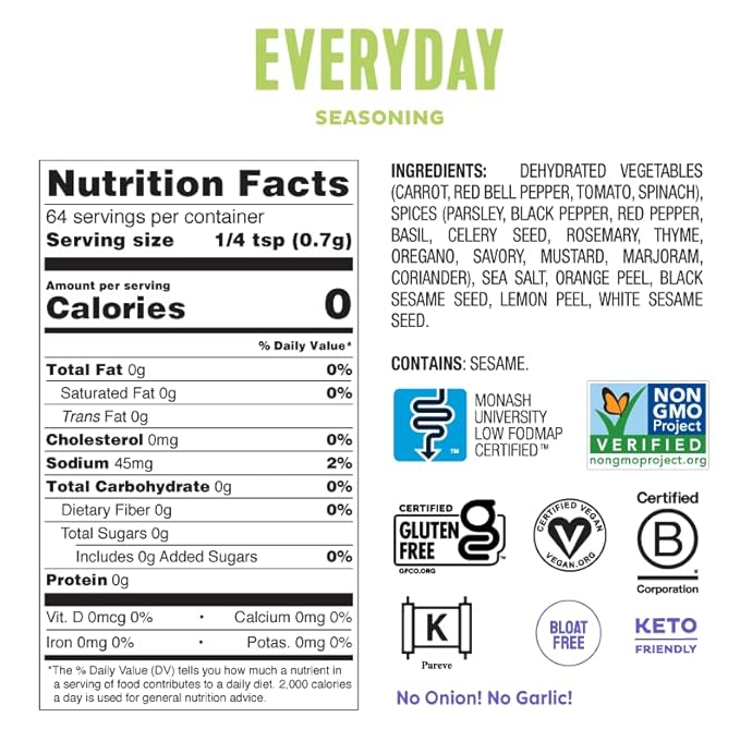 Fody Foods Everyday Seasoning, 1.6 Oz, Garlic and Onion Free, Low FODMAP Certified, Gut & IBS