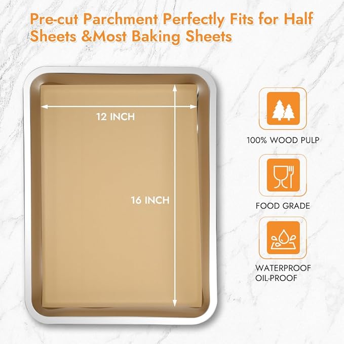 BYKITCHEN 12 x 16 Inch Parchment Paper Sheets, Non-Stick Precut Unbleached Baking Parchment Paper