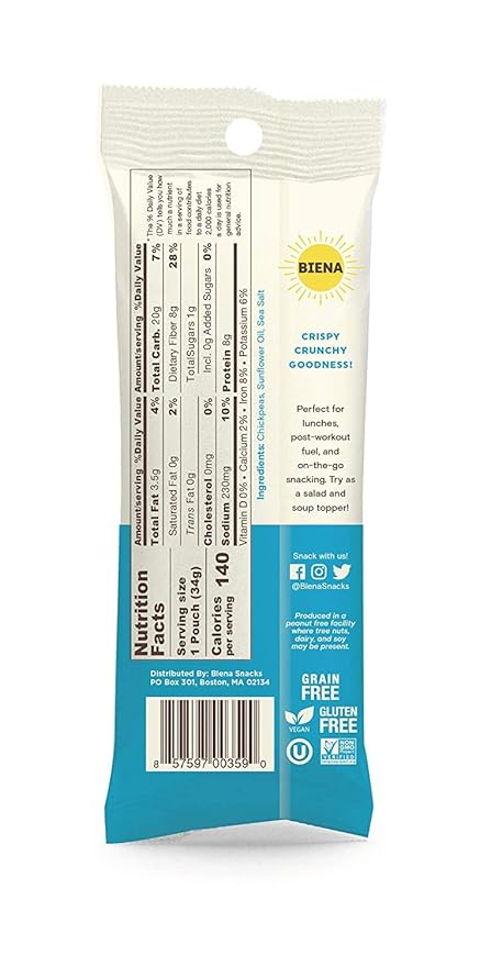 BIENA Chickpea Snacks - Crunchy Roasted Chickpeas - High Fiber Vegan Protein Snacks for Adults and