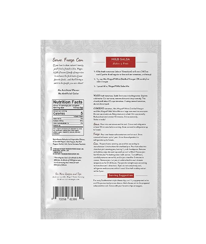Mrs. Wages Mild Salsa Canning Mix, Easy-To-Use, Simple Homemade Salsa, Mild Spice Flavoring