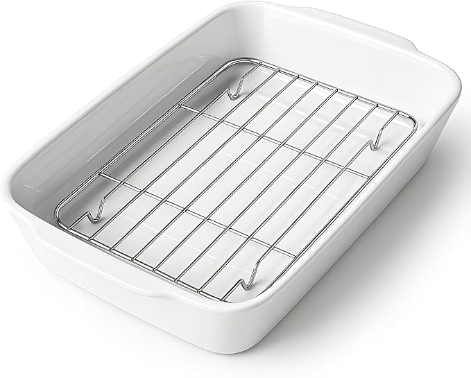 4.2 QT White Casserole Dishes for Oven, Baking dishes with Roasting Racks, Rectangular Lasagna Pan