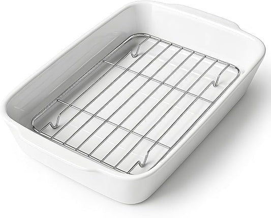 4.2 QT White Casserole Dishes for Oven, Baking dishes with Roasting Racks, Rectangular Lasagna Pan