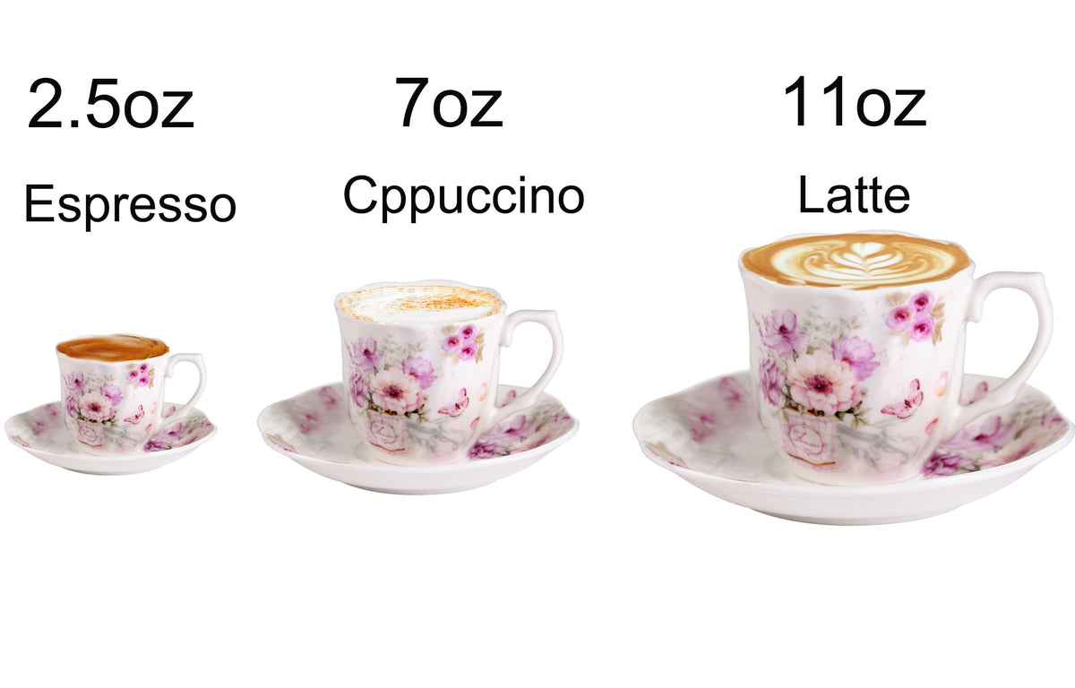 GuangYang 7 oz Porcelain Tea Cups and Saucers set of 6,Purple Fancy Floral Pattern (Perfect for
