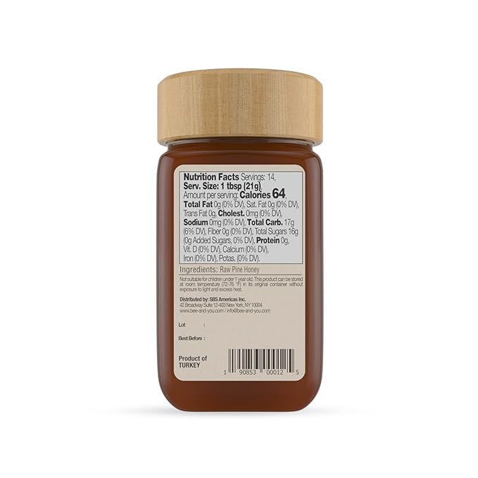 BEE and YOU Pine Raw Honey, Honeydew Honey, Wild-crafted, 100% Natural, Unprocessed, Enzymes