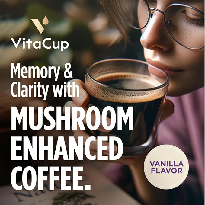 VitaCup Focus Mushroom Coffee Pods, Vanilla Flavored Coffee with Chaga, Lion’s Mane, Vitamins