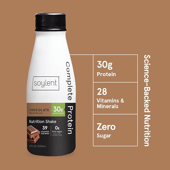 Soylent Complete Protein Shake, Chocolate, 30g Protein, Vegan, Dairy Free and 0g Sugar, Ready to