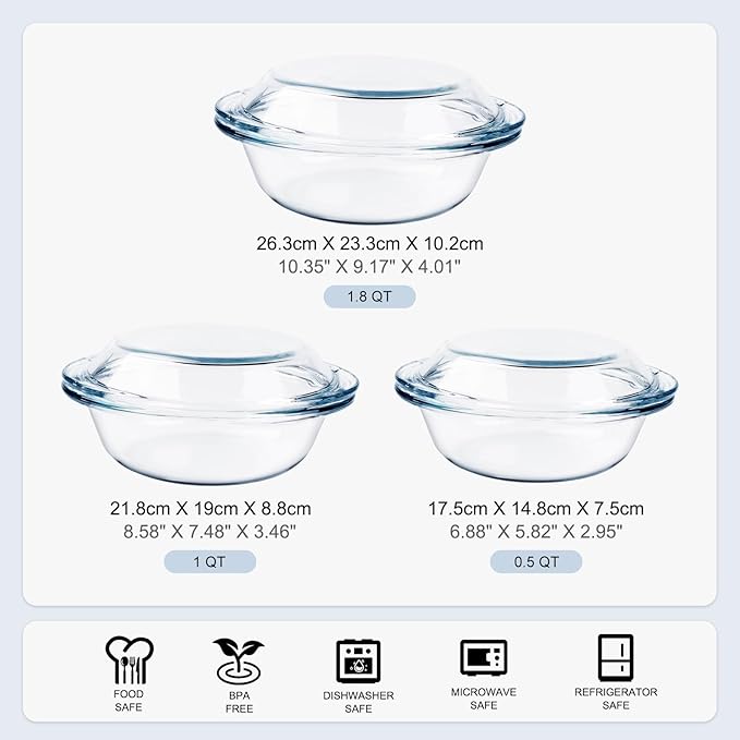 Set of 6 Round Glass Casserole Dishes, Nesting Glass Baking Dish Set with Lid, Oven, Freezer and
