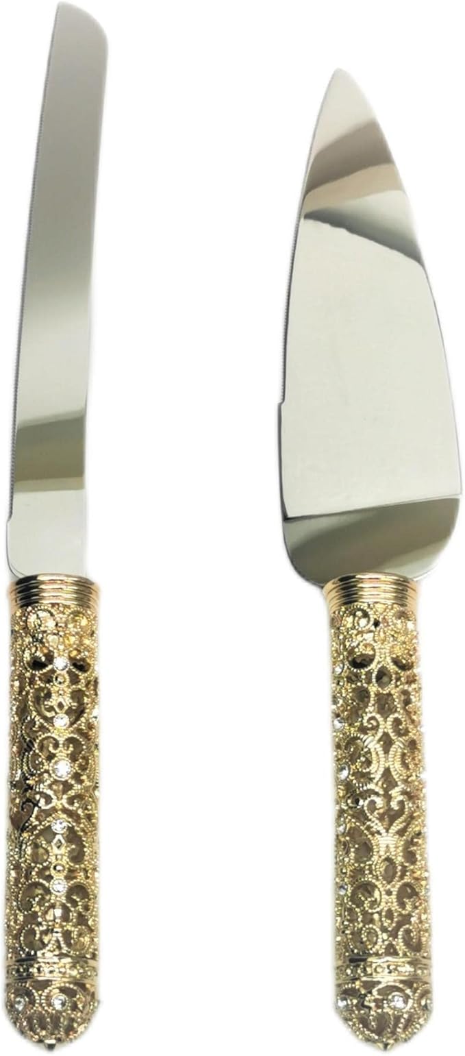 Gold Cake Knife and Server Set - 2 Piece Dessert Set Metal Handle with Crystal Stones Decoration