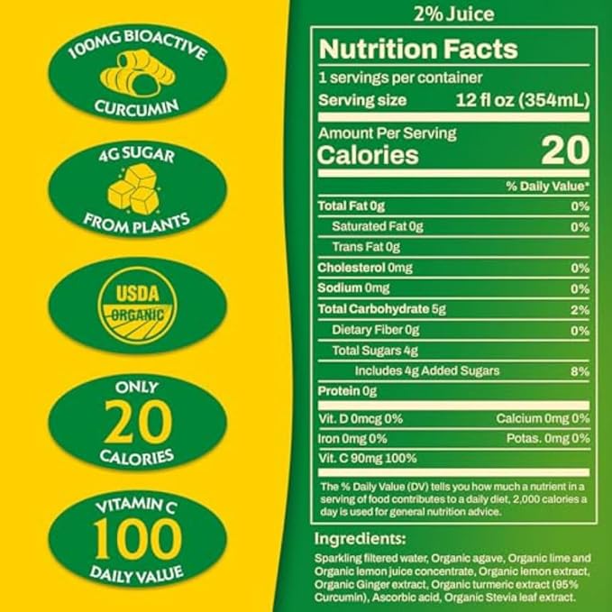 Golden Tiger Turmeric Sparkling Lemonade, Lemon Lime 12-Pack ??Curcumin & Ginger for Inflammation