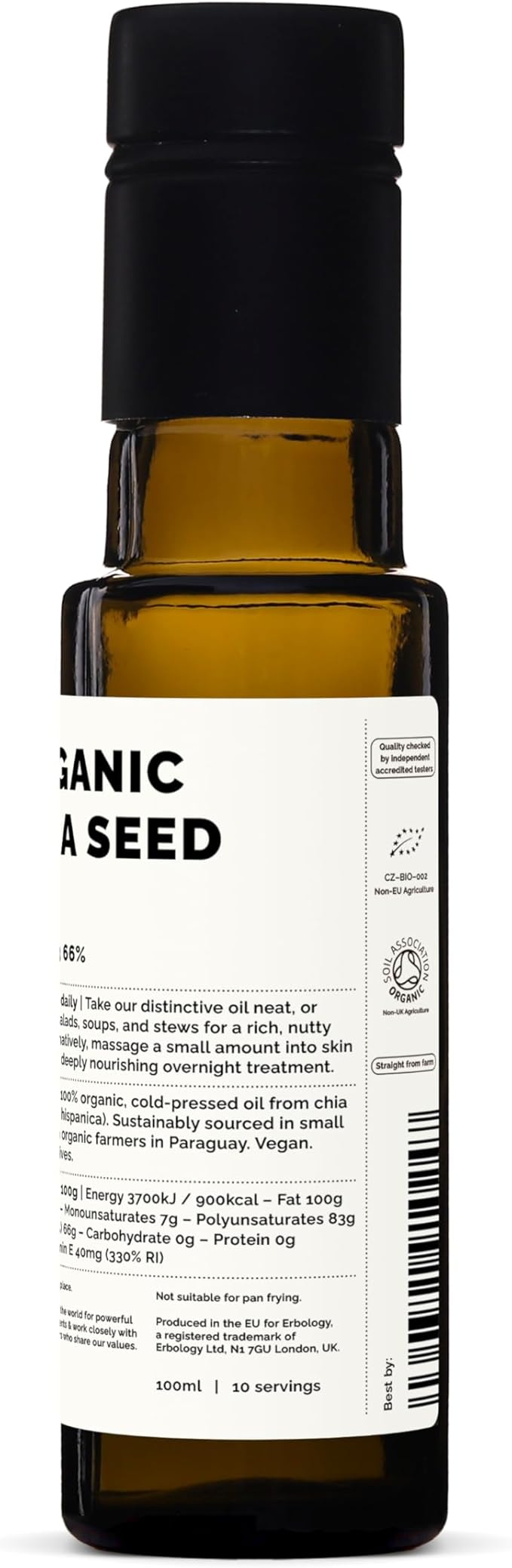 Erbology Organic Chia Seed Oil 3.4 fl oz - Cold-Pressed - Rich in Omega-3 (66%) and Vitamin E (330%