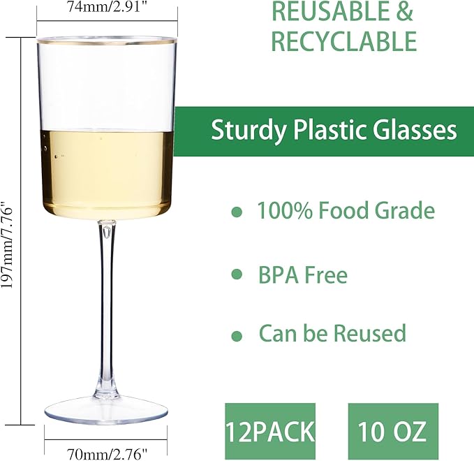 Ciaell 12 Pack Plastic Wine Glasses - 10 Oz Plastic Wine Glasses with Stem - Gold Rim Disposable