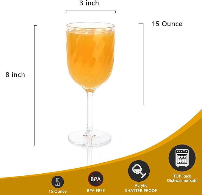 Yalin Set of 6 Unbreakable 12 oz Acrylic Plastic Wine and Water Tumbler Stackable Goblets. (Clear