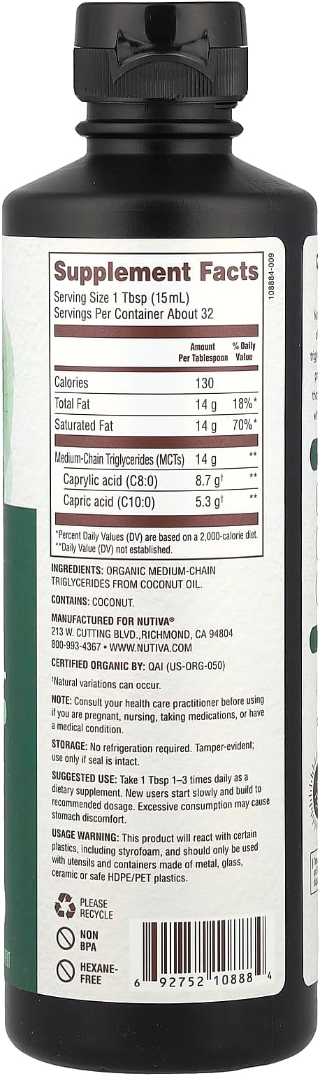 Nutiva Organic MCT Oil, Kosher, Keto Friendly, USDA Certified Organic, Non-GMO, 16 Fluid Ounce