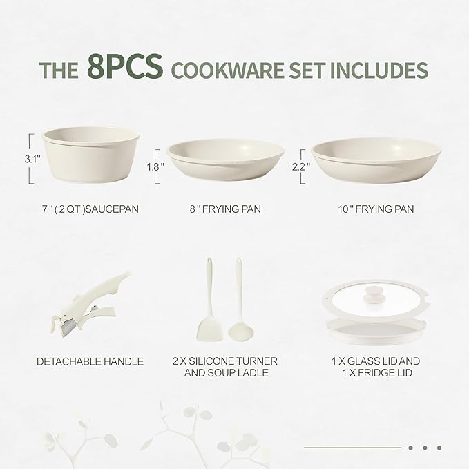 8pcs Ceramic Pots and Pans Set, Non Stick Cookware Set, Detachable Handle Cookware, Induction