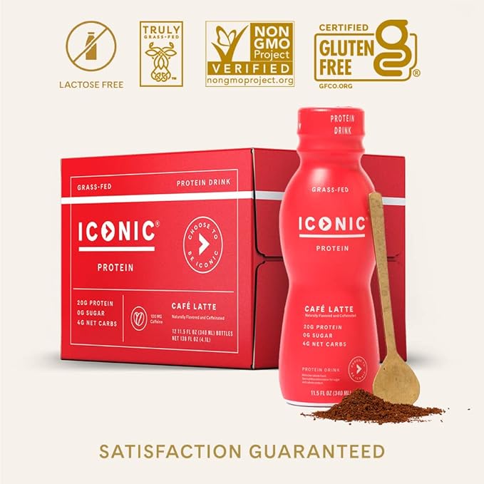 Iconic Protein Drinks, Café Latte (12 Pack) - Sugar Free & Low Carb - 20g Protein + 100mg Caffeine