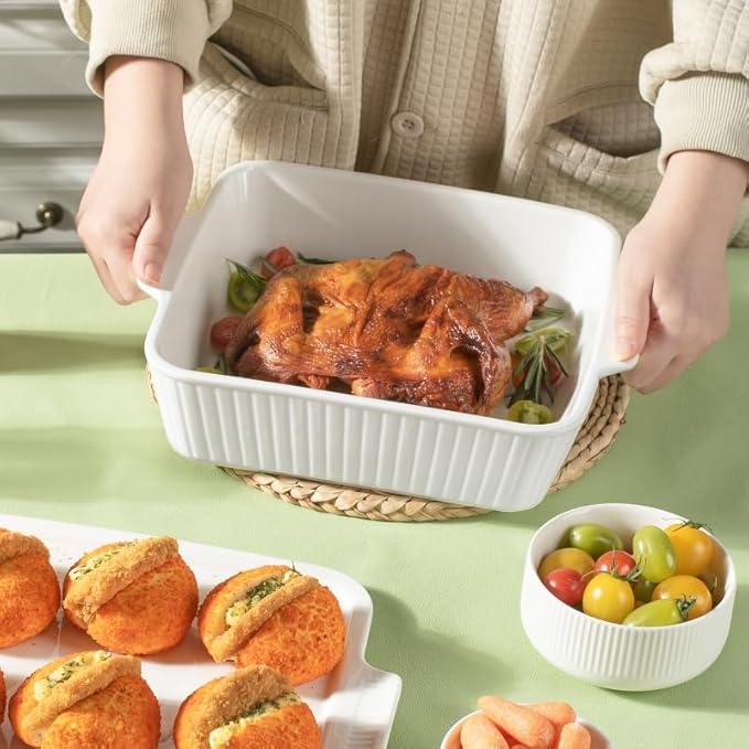 Dizada Casserole Dish for Oven with Lid, 10'' Square Baking Dish, Ceramic Baking Dish, Baking Pan