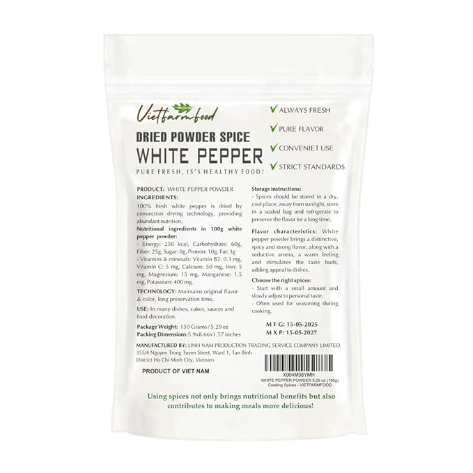 WHITE PEPPER POWDER 5.29 Oz (150g) VIETFARMFOOD: Natural pure, convection dried seasoning made from